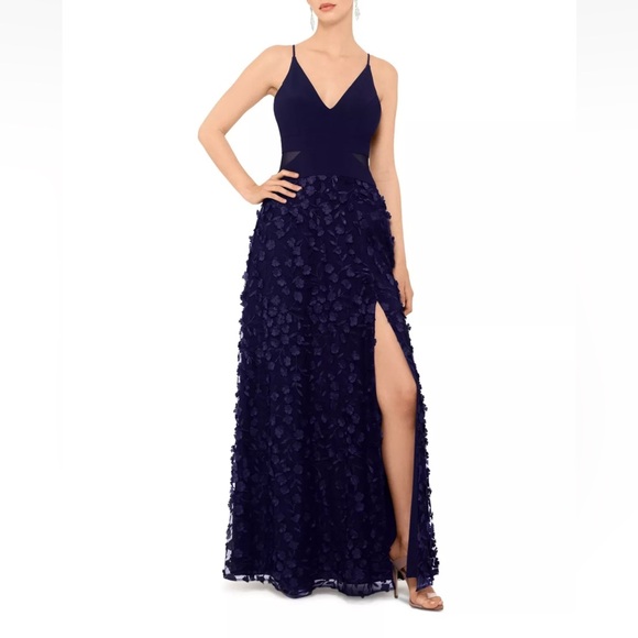 Xscape NAVY Floral 3D Flowers Skirt Maxi Gown With Slit & V Neck NWT - Reemoly - Picture 1 of 14